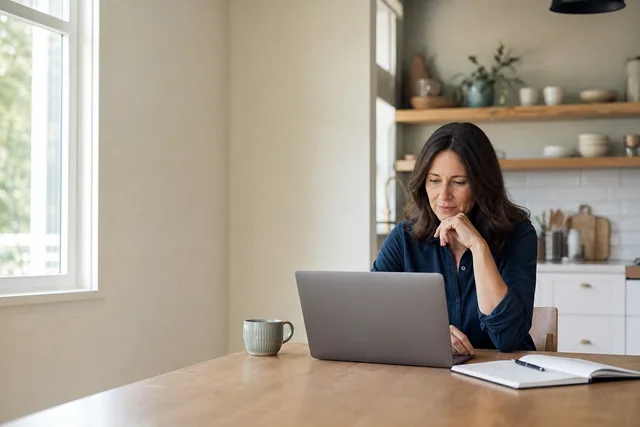 Illustrative photo of a woman reading on a laptop at home